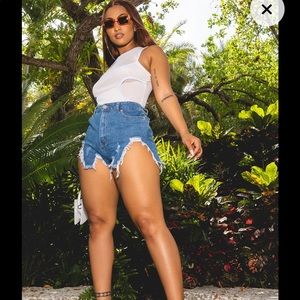 PLT Mid Wash Extreme Thigh Rip Denim Short US 8